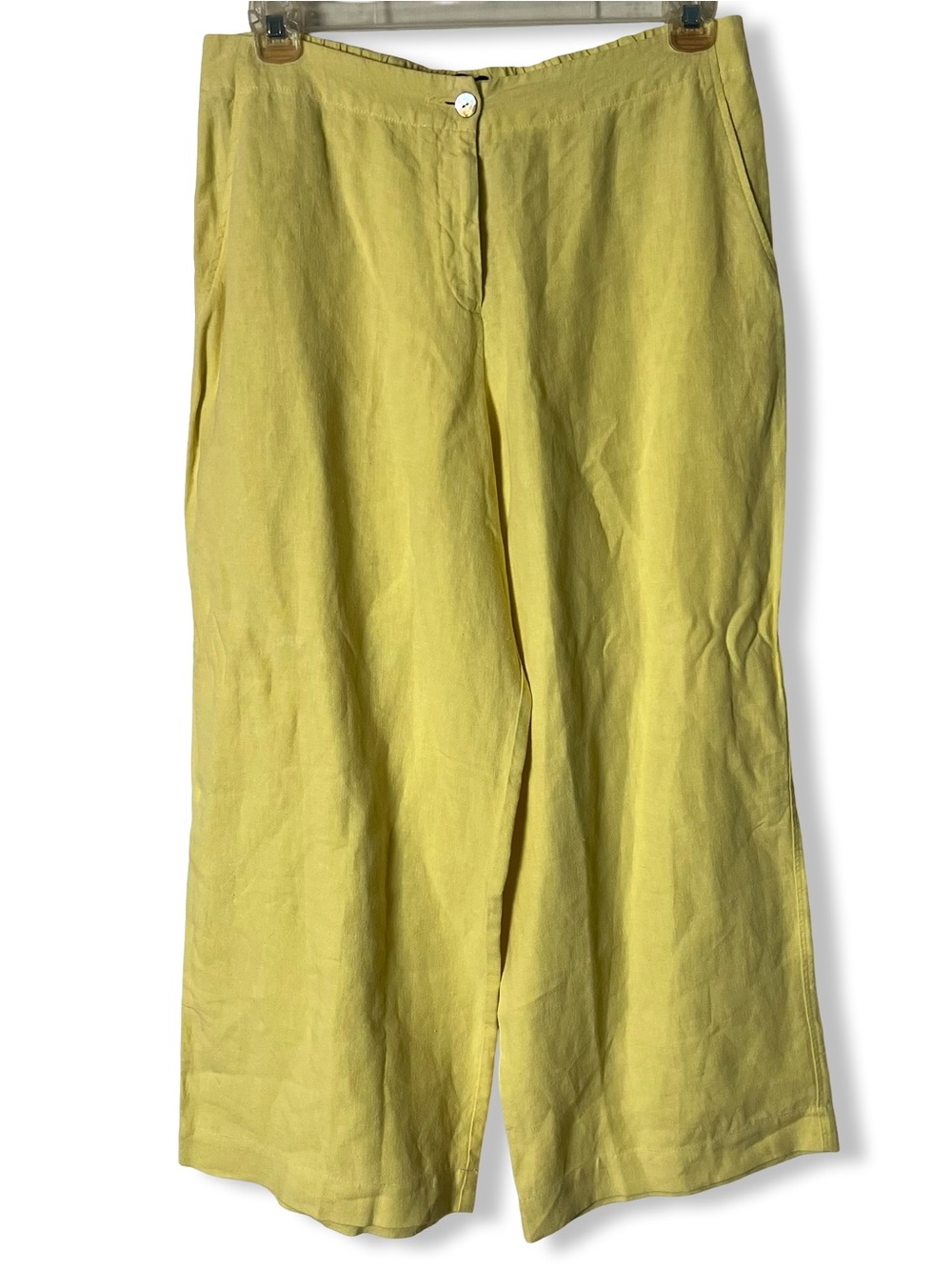 OSKA 507 Pastel Yellow 100% Linen Wide Leg Trousers Regular Pockets Sz L